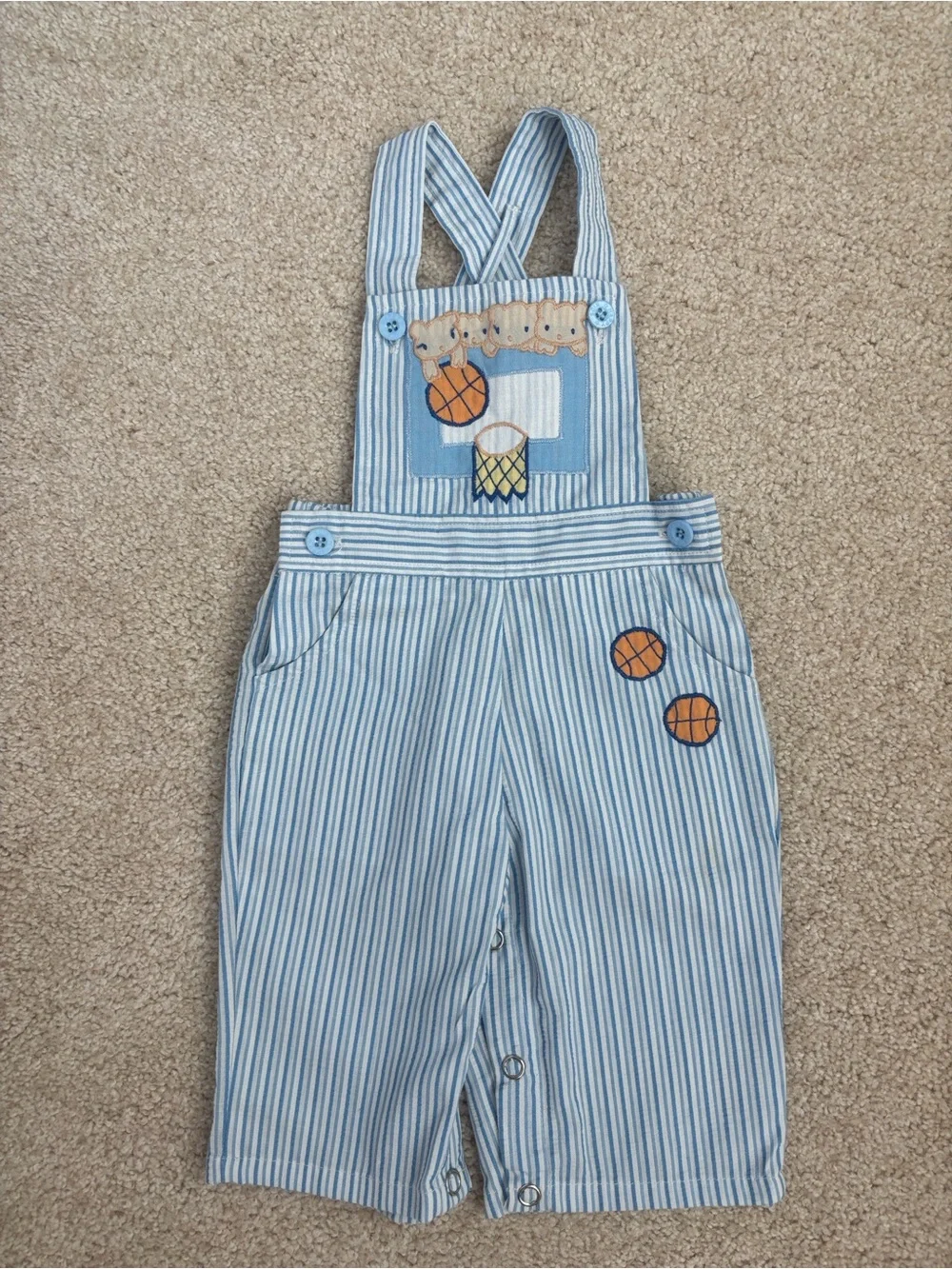 Pair of seersucker basketball themed infant rompers, size 3-6mo